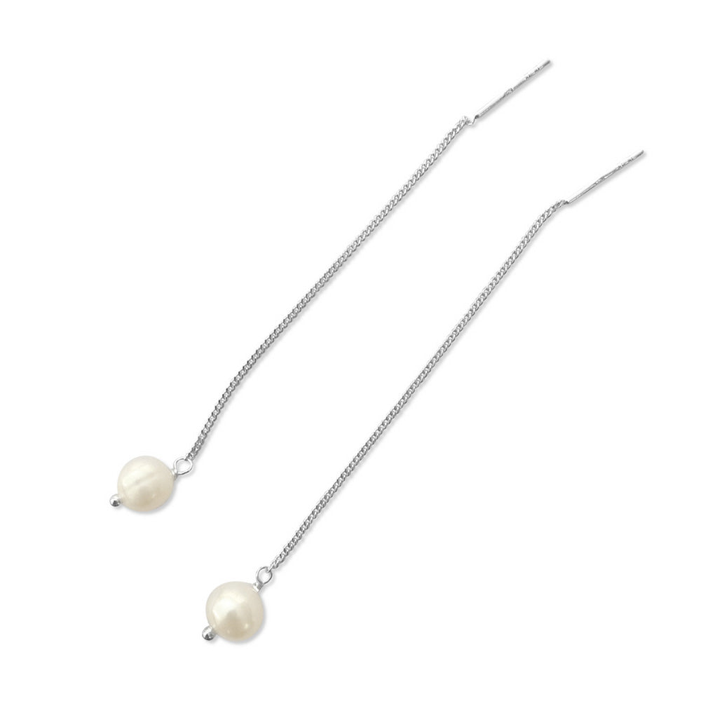 Sterling Silver Thread Earrings with 6mm Fresh Water Pearl.