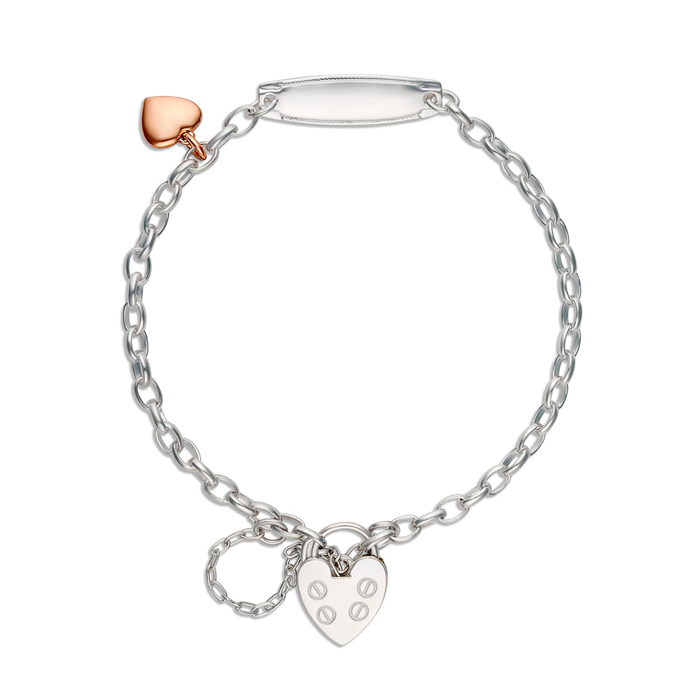 Children's Sterling Silver belcher chain bracelet with ID plate and plain padlock and Rose Gold plated heart